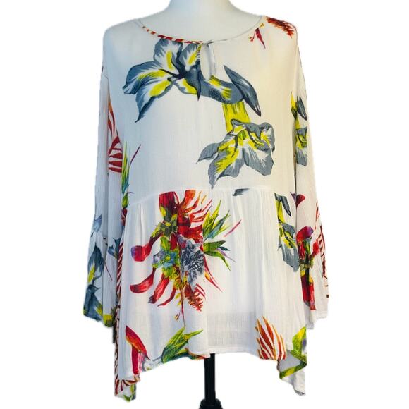 Natura Tops - Natura Multicolor Floral on White Gauzy Cottagecore Peasant Flowy Top Women 3X